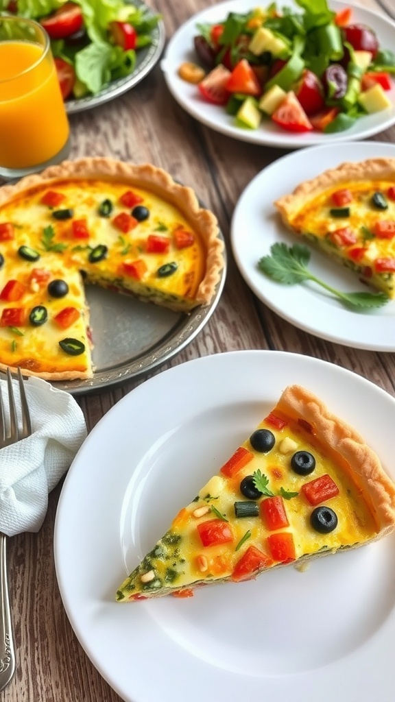 A slice of quiche and a serving of frittata on a rustic table, surrounded by fresh vegetables and a glass of juice.